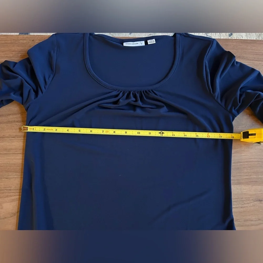 Susan Graver XXS navy blue long fitted tunic w 3/4 sleeves, mini dress, petite - Picture 6 of 7